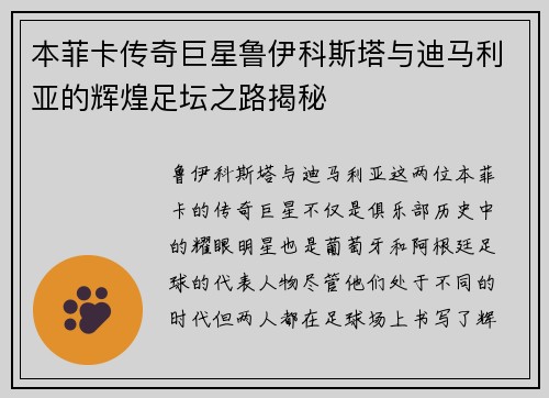 本菲卡传奇巨星鲁伊科斯塔与迪马利亚的辉煌足坛之路揭秘