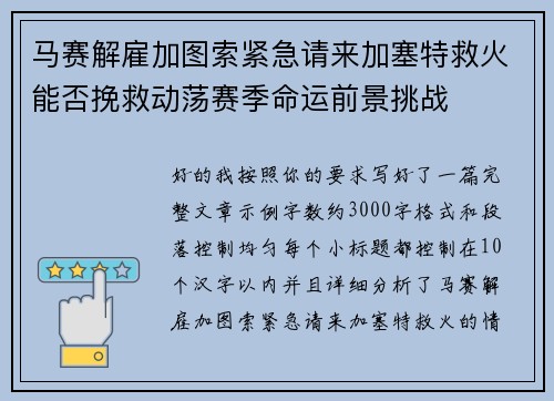马赛解雇加图索紧急请来加塞特救火能否挽救动荡赛季命运前景挑战